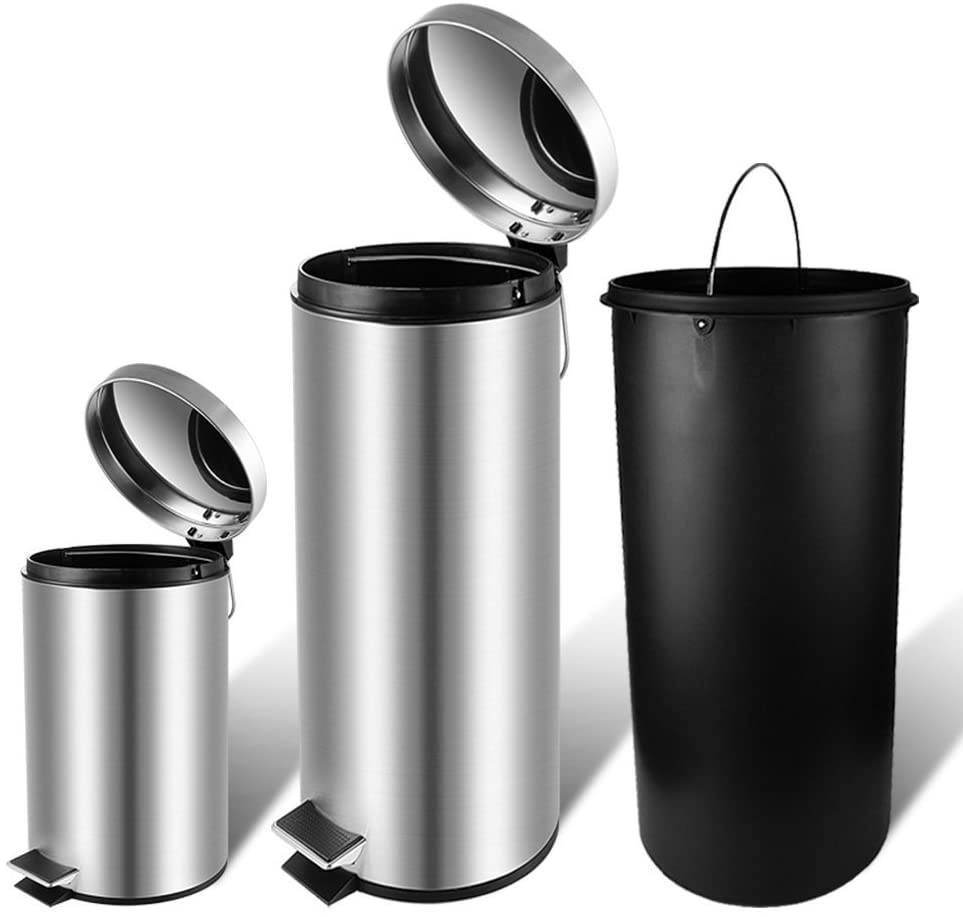 Step Trash Can,Carbon Steel Garbage Can with Lid and Plastic Inner Bucket for Bathroom (1.3+1.3+8 Gallon)