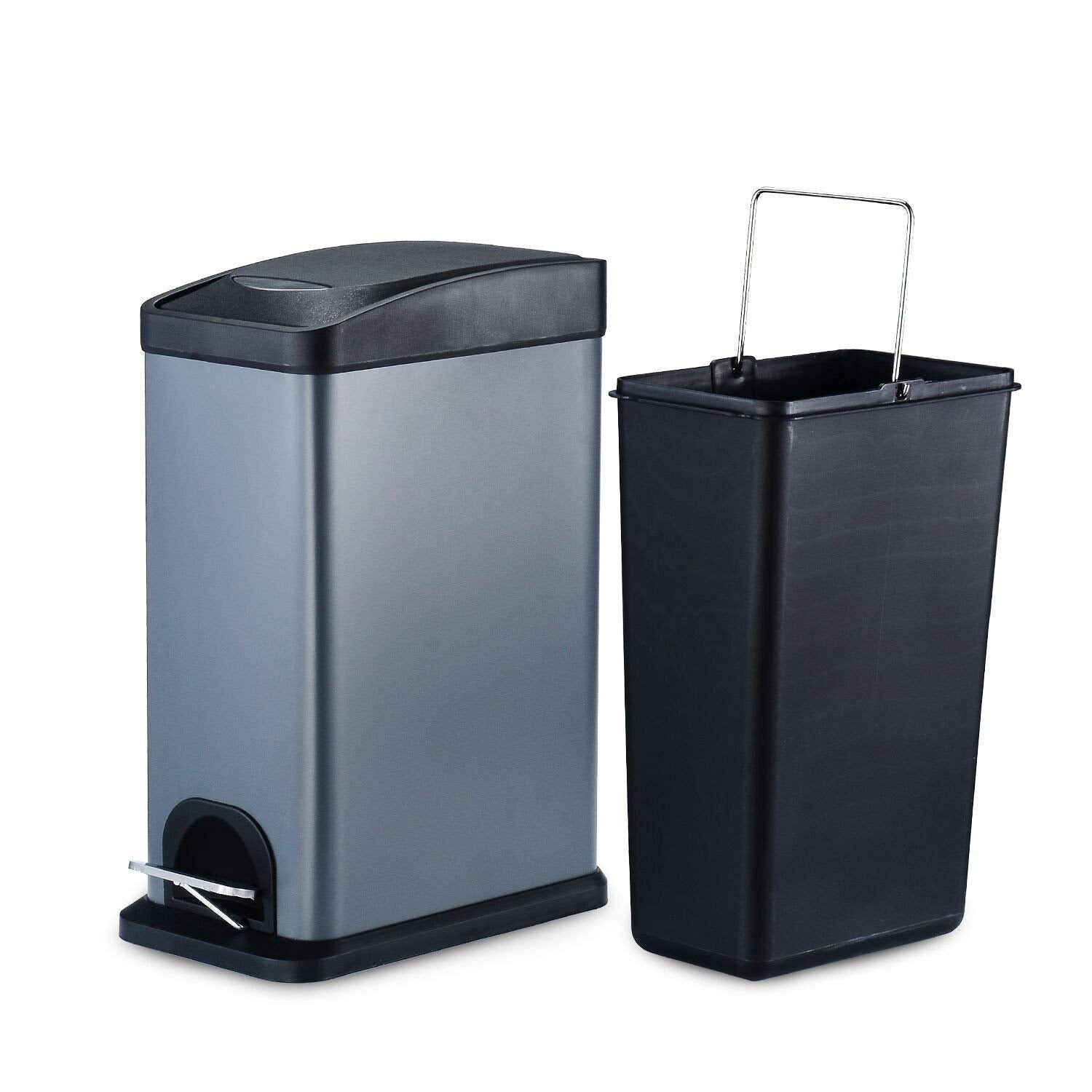 8 Liter Trash Can,Carbon Steel Garbage Can with Lid and Plastic Inner Bucket for Bathroom (Trash Can+Bag Saver))