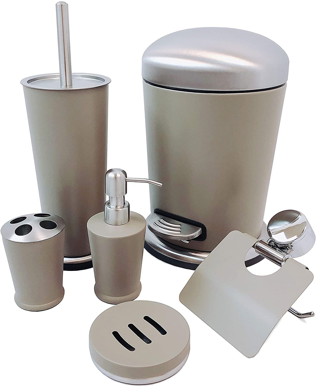 Set of 6 Bathroom Accessories | Toothbrush Holder, Soap Dish, Lotion Dispenser, Toilet Brush, Tissue Roll Holder, 3 Liter Trash Can