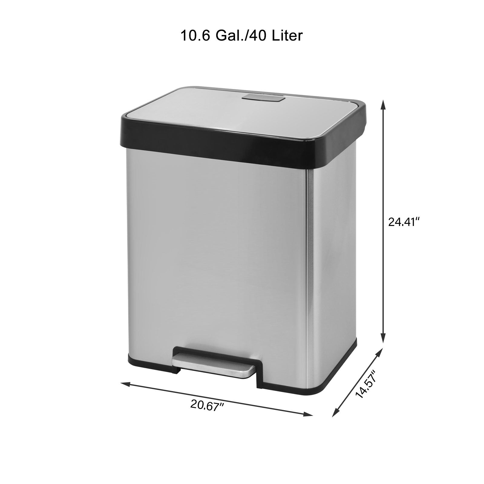 10.6 Gal/40 Liter Recycle Stainless Steel Step Rectangular Trash Can with dual 5.3 Gallon Compartments